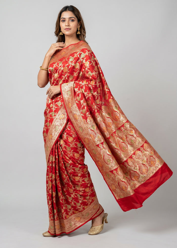 Red Banarasi Silk Saree With Blouse Piece