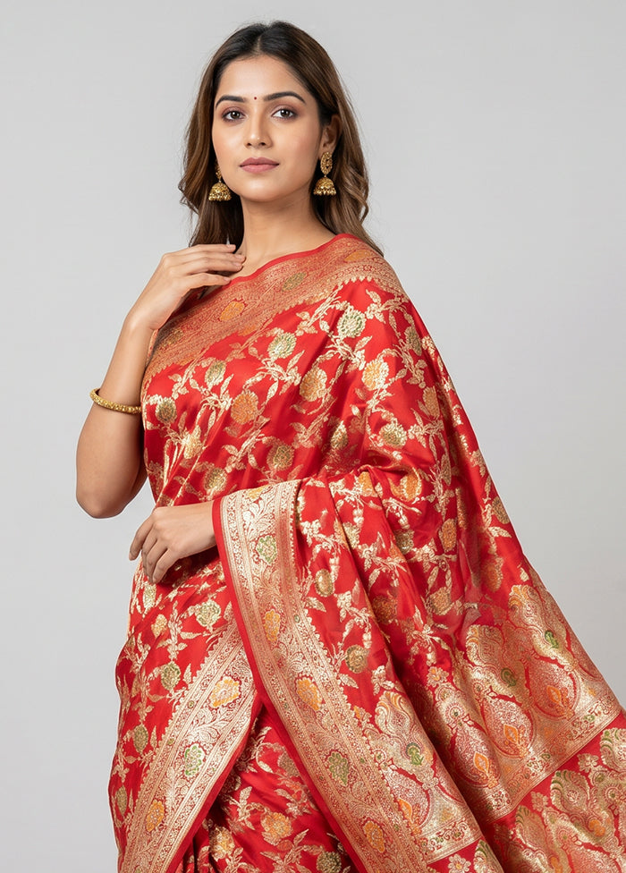 Red Banarasi Silk Saree With Blouse Piece