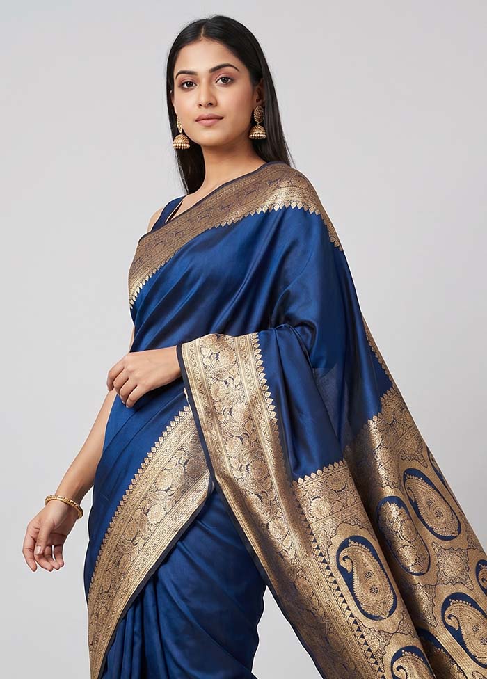 Blue Banarasi Silk Saree With Blouse Piece