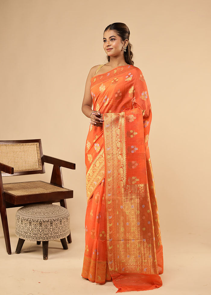Orange Dupion Silk Saree With Blouse Piece