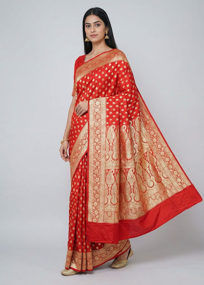 Red Handloom Banarasi Pure Silk Saree With Blouse Piece