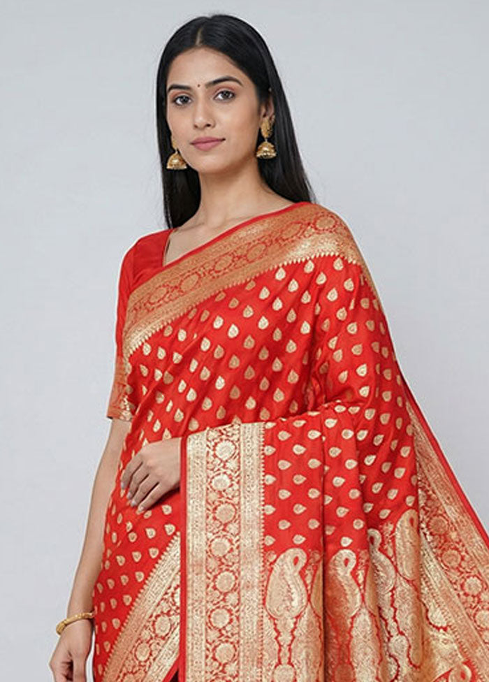 Red Handloom Banarasi Pure Silk Saree With Blouse Piece