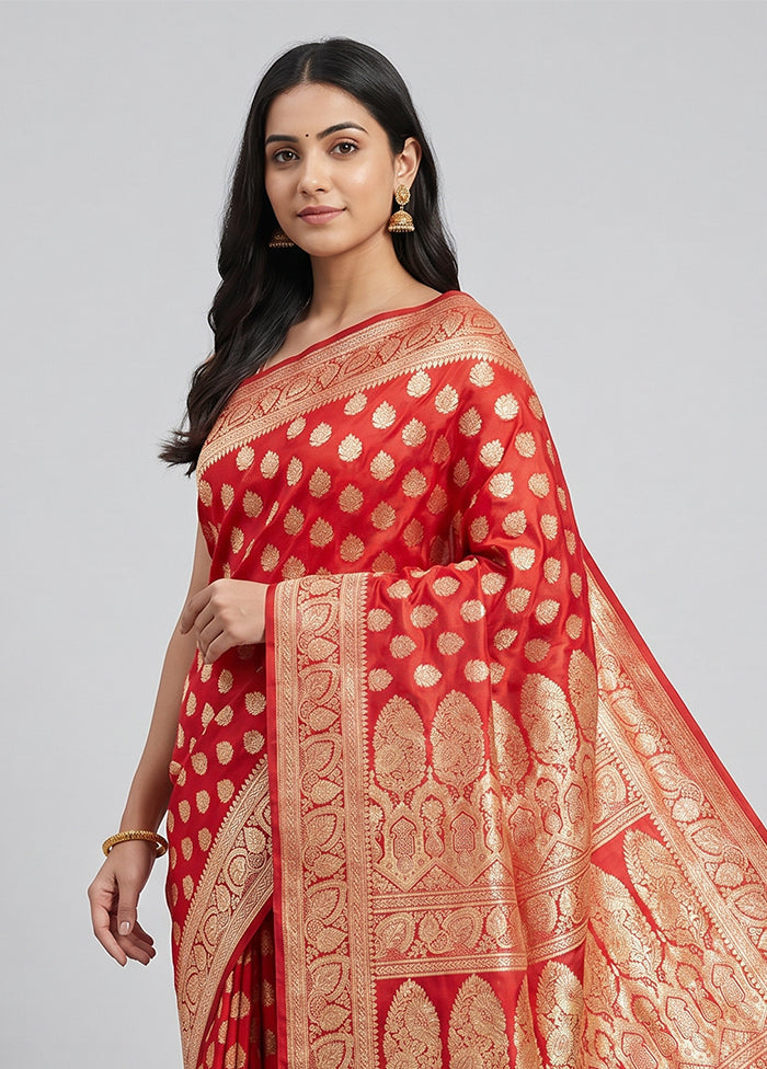 Red Handloom Banarasi Pure Silk Saree With Blouse Piece