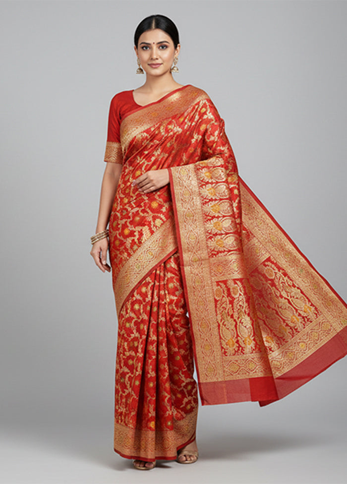 Red Handloom Banarasi Pure Silk Saree With Blouse Piece