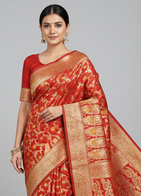 Red Handloom Banarasi Pure Silk Saree With Blouse Piece