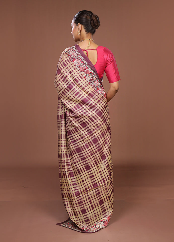Purple Handloom Tussar Pure Silk Saree With Blouse Piece