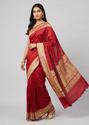 Red Handloom Banarasi Pure Silk Saree With Blouse Piece