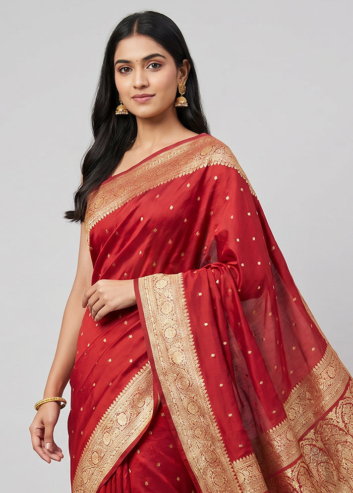 Red Handloom Banarasi Pure Silk Saree With Blouse Piece