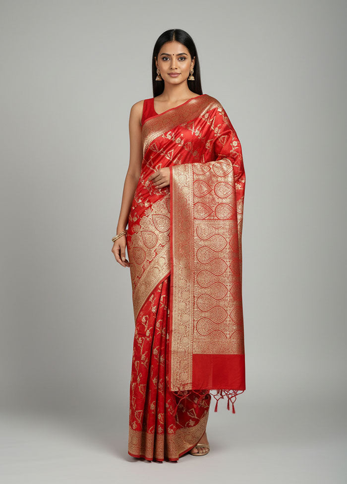 Red Banarasi Silk Saree With Blouse Piece
