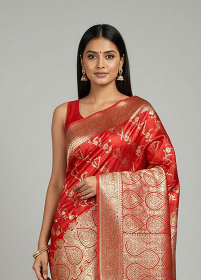 Red Banarasi Silk Saree With Blouse Piece
