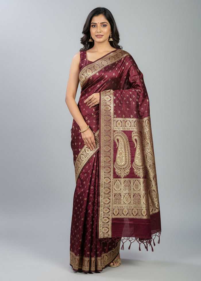 Maroon Handloom Banarasi Pure Silk Saree With Blouse Piece