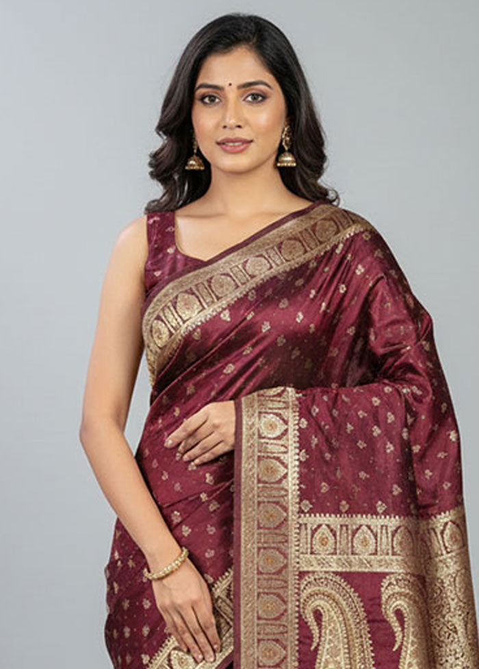 Maroon Handloom Banarasi Pure Silk Saree With Blouse Piece