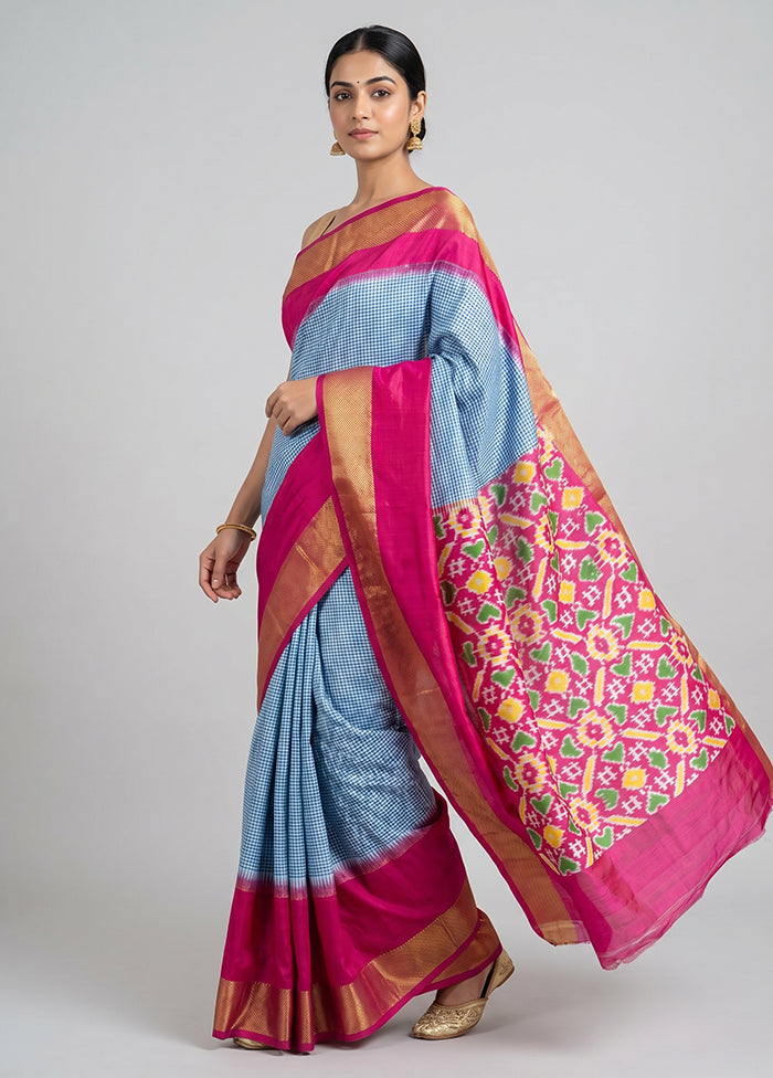 Blue Handloom Ikkat Pure Silk Saree With Blouse Piece