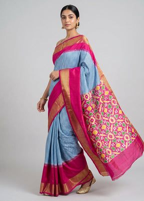 Blue Handloom Ikkat Pure Silk Saree With Blouse Piece