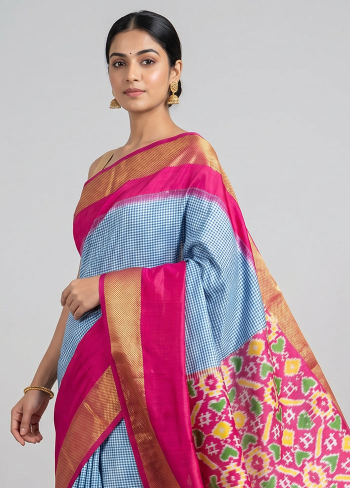 Blue Handloom Ikkat Pure Silk Saree With Blouse Piece