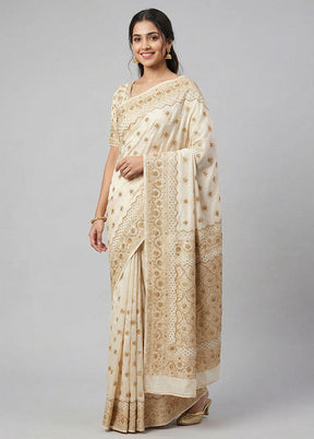 Cream Banarasi Silk Saree With Blouse Piece