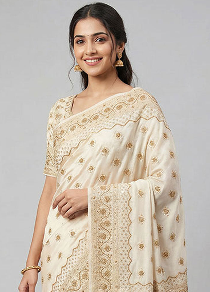 Cream Banarasi Silk Saree With Blouse Piece