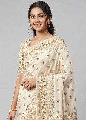 Cream Banarasi Silk Saree With Blouse Piece