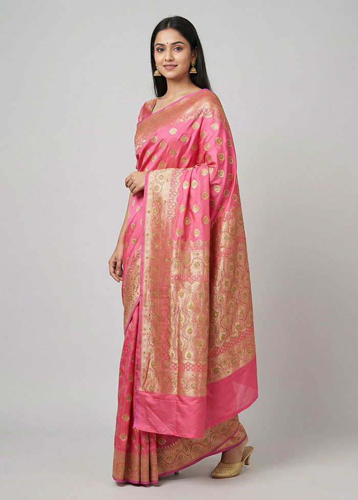 Pink Banarasi Silk Saree With Blouse Piece