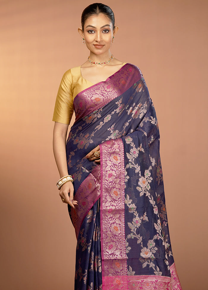 Blue Dupion Silk Saree With Blouse Piece