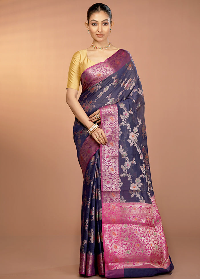 Blue Dupion Silk Saree With Blouse Piece