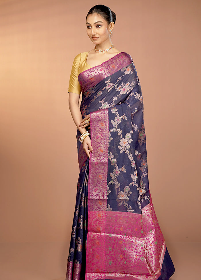 Blue Dupion Silk Saree With Blouse Piece