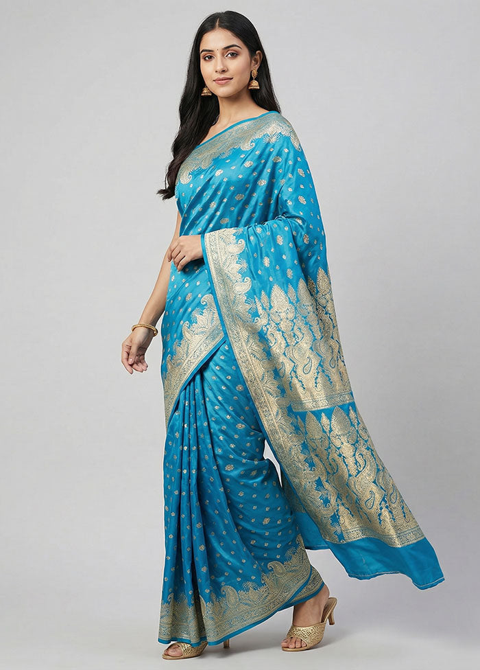 Blue Banarasi Silk Saree With Blouse Piece