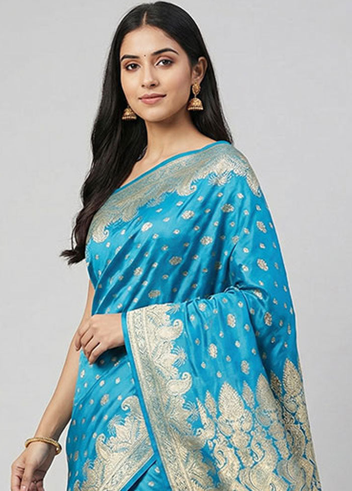 Blue Banarasi Silk Saree With Blouse Piece