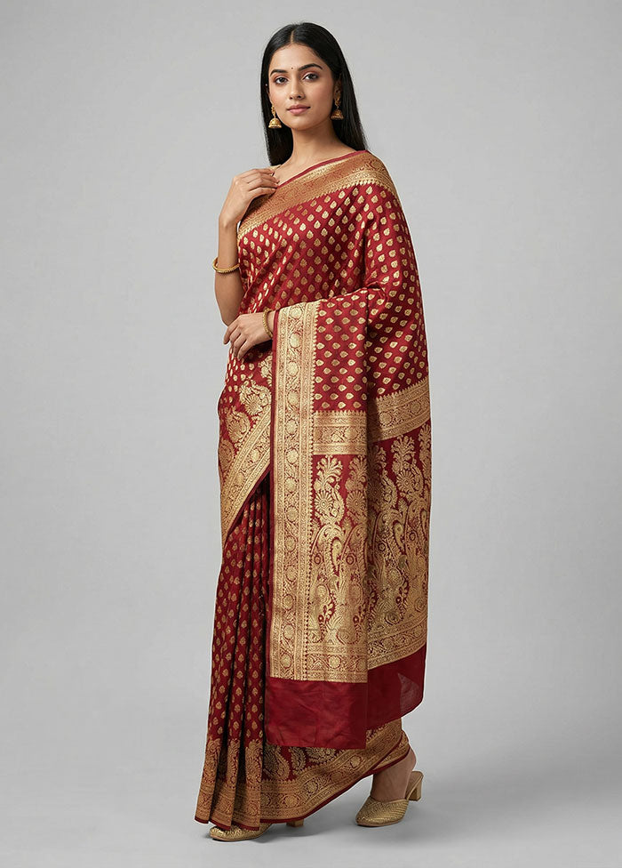 Maroon Handloom Banarasi Silk Saree With Blouse Piece