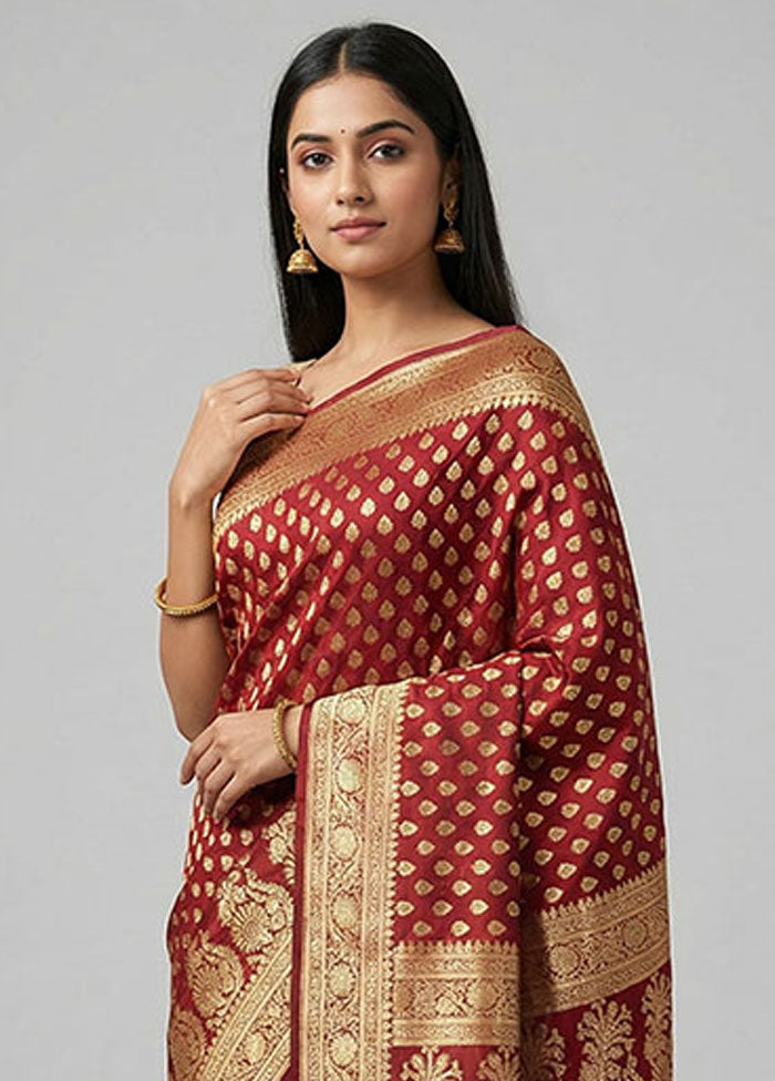 Maroon Handloom Banarasi Silk Saree With Blouse Piece