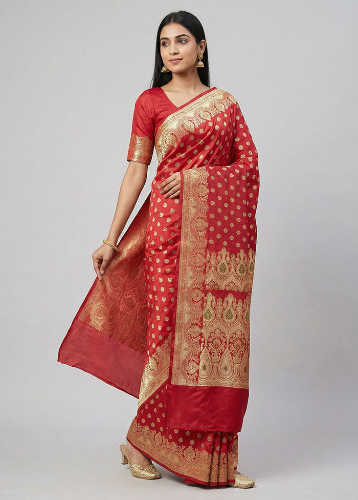 Red Handloom Banarasi Silk Saree With Blouse Piece