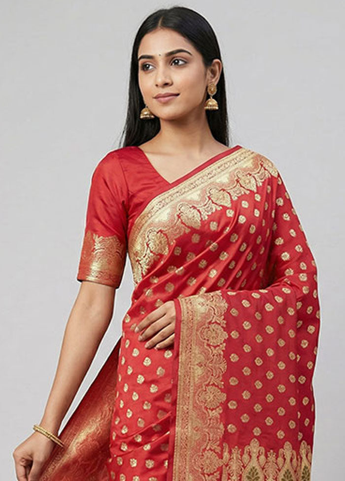 Red Handloom Banarasi Silk Saree With Blouse Piece