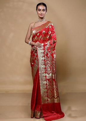 Red Handloom Banarasi Pure Silk Saree With Blouse Piece