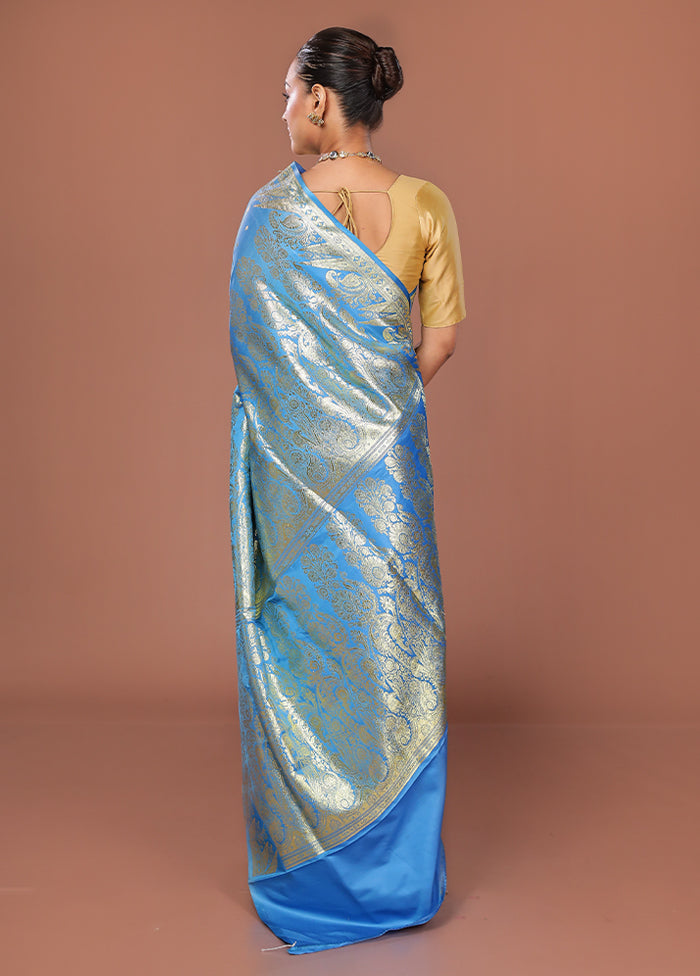 Blue Banarasi Silk Saree With Blouse Piece