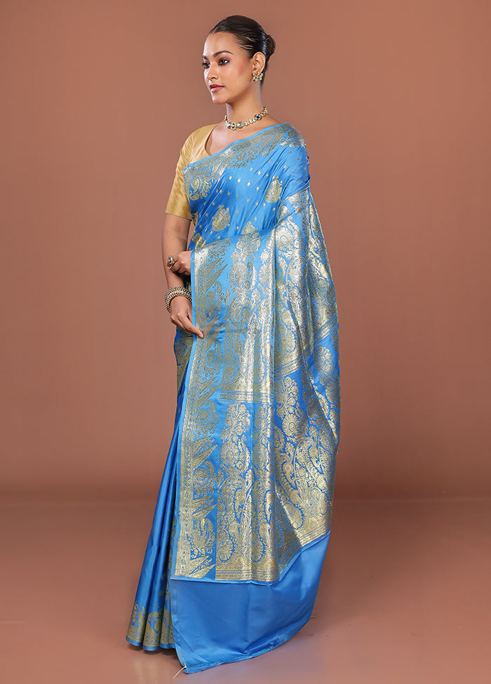 Blue Banarasi Silk Saree With Blouse Piece