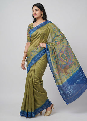 Blue Handloom Tussar Pure Silk Saree With Blouse Piece