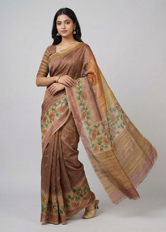 Rust Handloom Tussar Pure Silk Saree With Blouse Piece