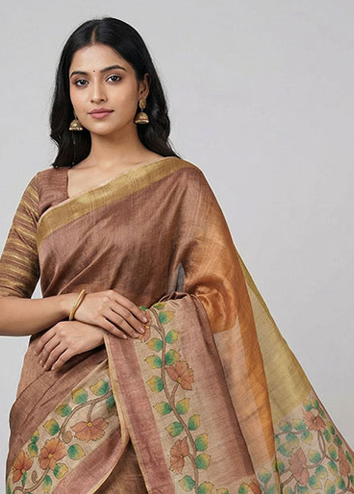 Rust Handloom Tussar Pure Silk Saree With Blouse Piece