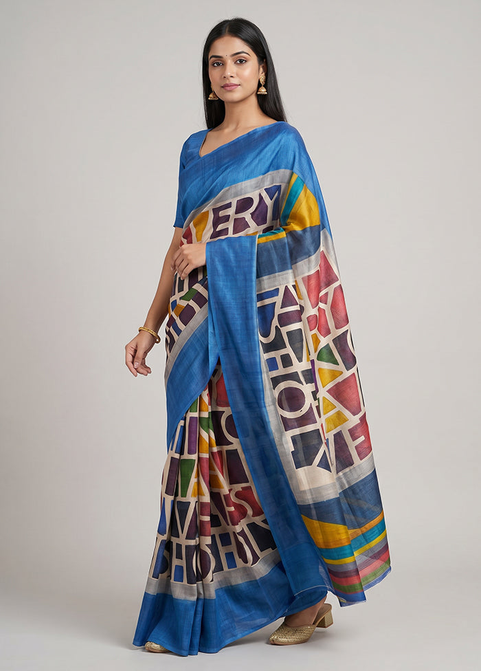 Blue Handloom Tussar Pure Silk Saree With Blouse Piece