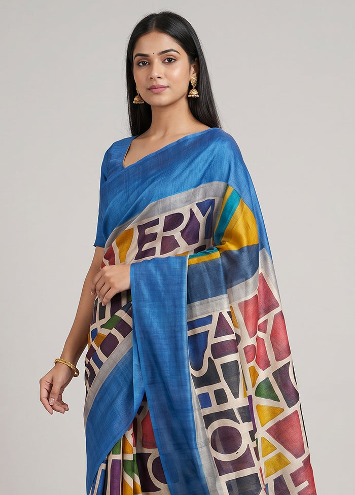 Blue Handloom Tussar Pure Silk Saree With Blouse Piece