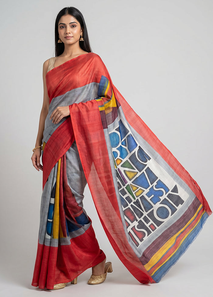 Purple Handloom Tussar Pure Silk Saree With Blouse Piece