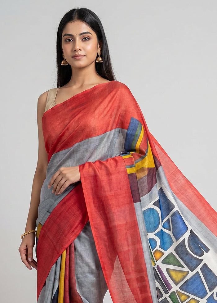 Purple Handloom Tussar Pure Silk Saree With Blouse Piece