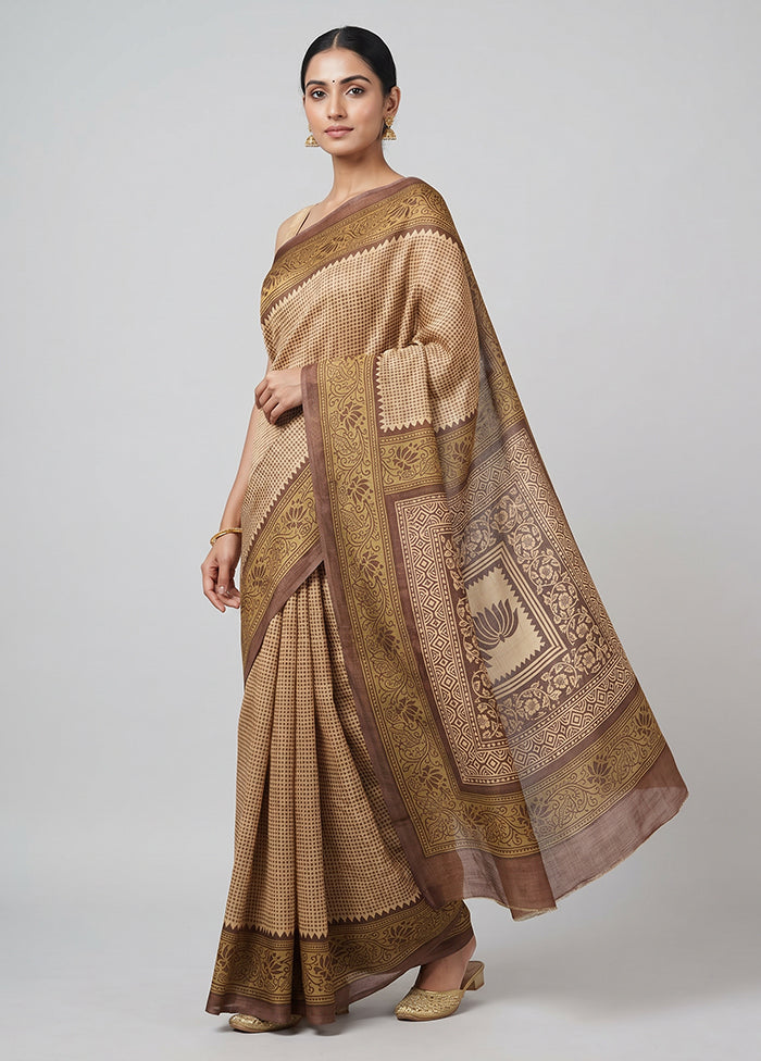 Cream Handloom Tussar Pure Silk Saree With Blouse Piece