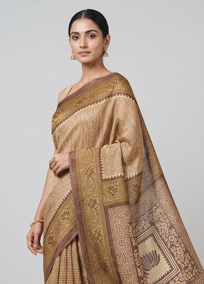 Cream Handloom Tussar Pure Silk Saree With Blouse Piece