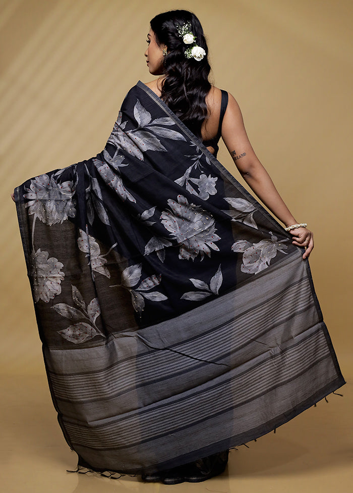 Black Tussar Silk Saree With Blouse Piece