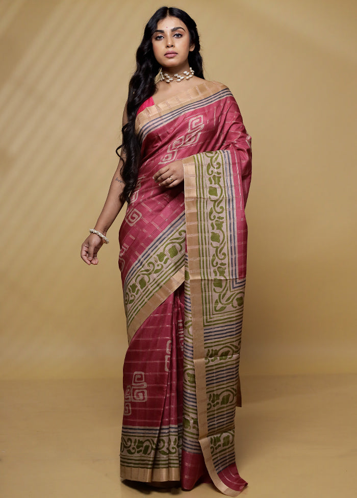 Pink Tussar Silk Saree With Blouse Piece