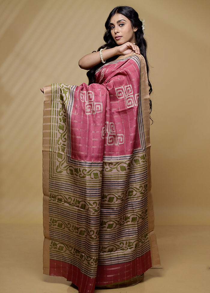 Pink Tussar Silk Saree With Blouse Piece