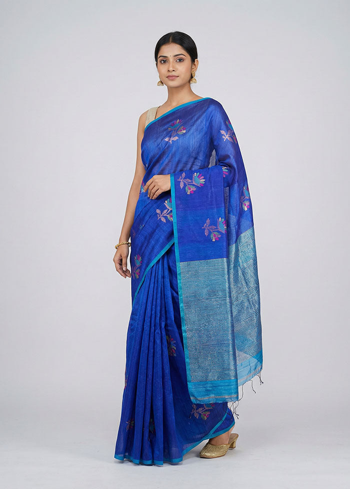 Blue Handloom Matka Pure Silk Saree With Blouse Piece