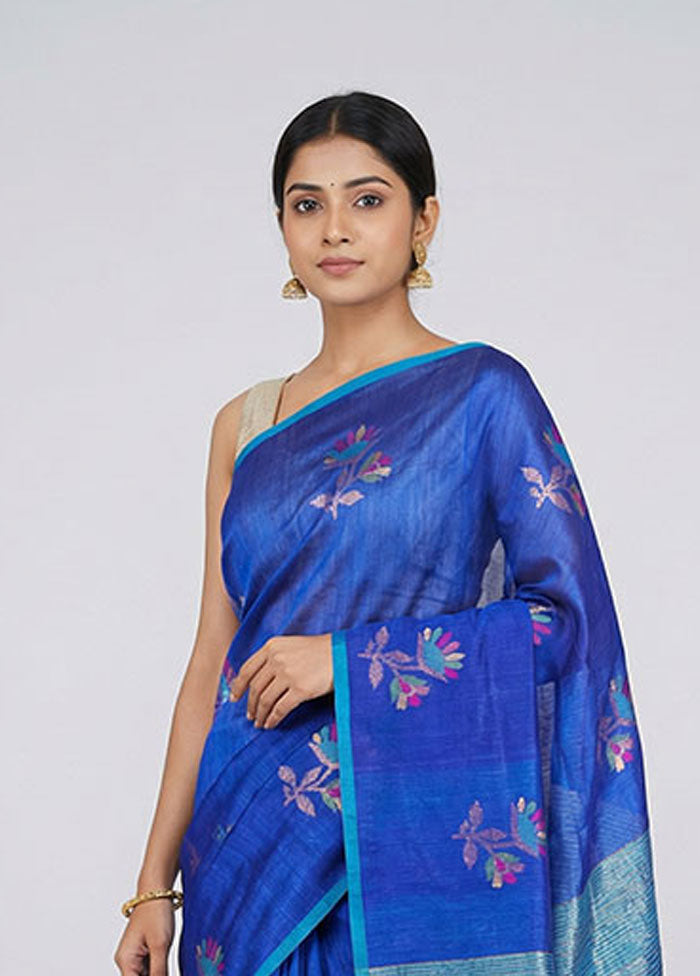 Blue Handloom Matka Pure Silk Saree With Blouse Piece