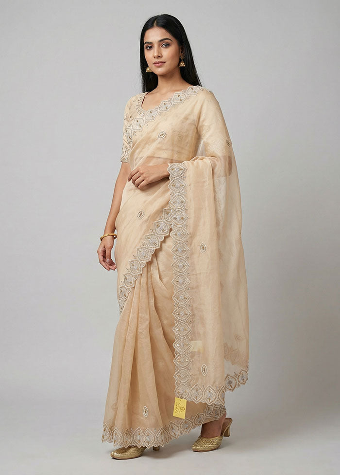 Cream Handloom Pure Organza Saree With Blouse Piece